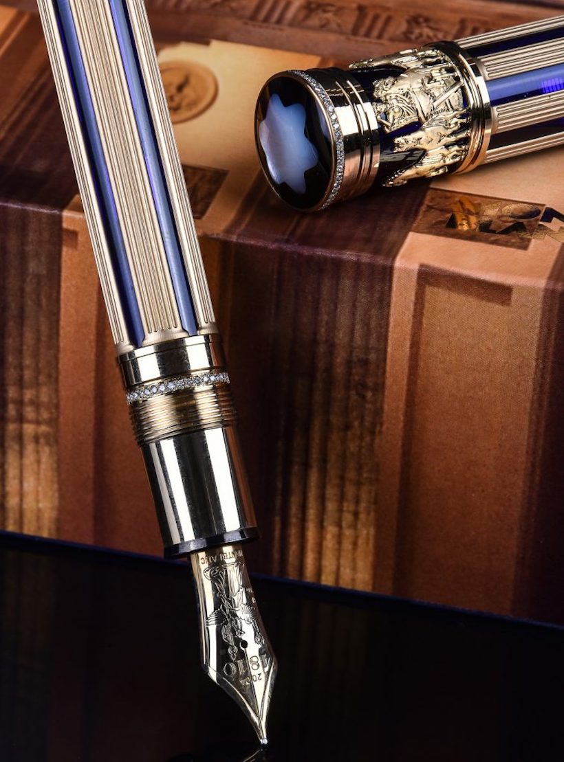 Inline Image - Brandenburger Tor, 89, limited edition gold coloured, blue lacquer and diamond fountain pen, no. 88/89, circa 2004, stamped 750, the cap, piece and end of barrel set with a row of diamonds, the cap with a clip and mother of pearl emblem, the medium gold coloured nib stamped 18K 750, piston filling system, uninked, est. £8,000-12,000 (+fees)