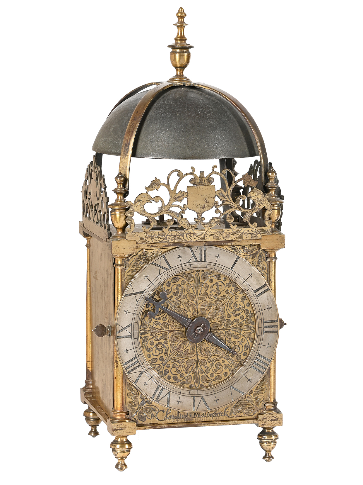 Inline Image - Lot 163: A fine and rare Charles I brass 'First Period' lantern clock of larger proportions, attributed to the workshop of William Bowyer, the dial signed for Claudius Malbranck, London, circa 1630 | Est. £18,000-25,000 (+ fees)