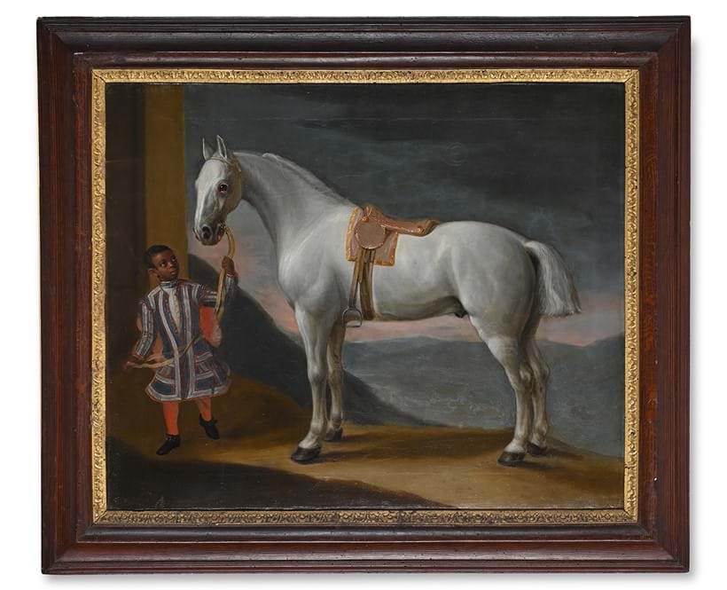 Inline Image - Lot 150: Robert Byng (British 1666-1720) ''Carpenter', Lord Craven's Hunter, held by a page', Oil on canvas | Sold for £30,200