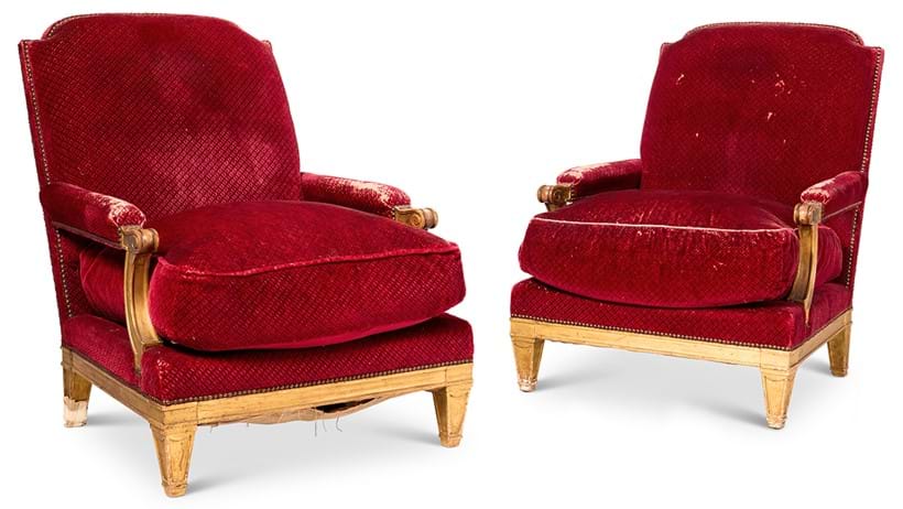 Inline Image - Lot 37: A pair of French giltwood and red velvet upholstered armchairs by Maison Jansen, circa 1940 | Sold for £21,420