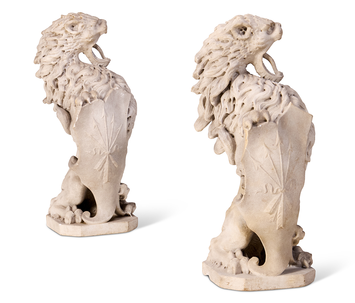 Inline Image - Lot 82: A pair of carved marble heraldic or armorial lions Italian, early 19th century | Sold for £28,950