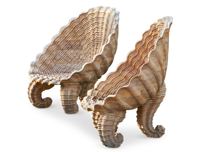 Parnham Park Collection - Lot 434 - A pair of carved teak 'oyster shell' garden chairs.jpg