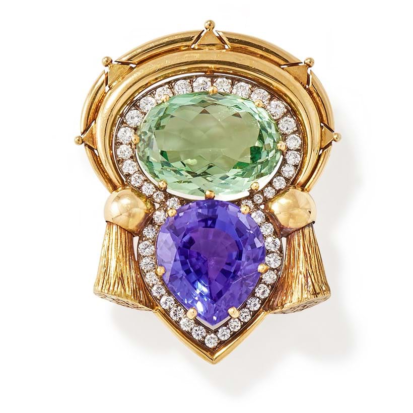 Inline Image - Lot 31: Roger Doyle, a beryl, tanzanite and diamond brooch | Est. £2,500-3,500 (+ fees)