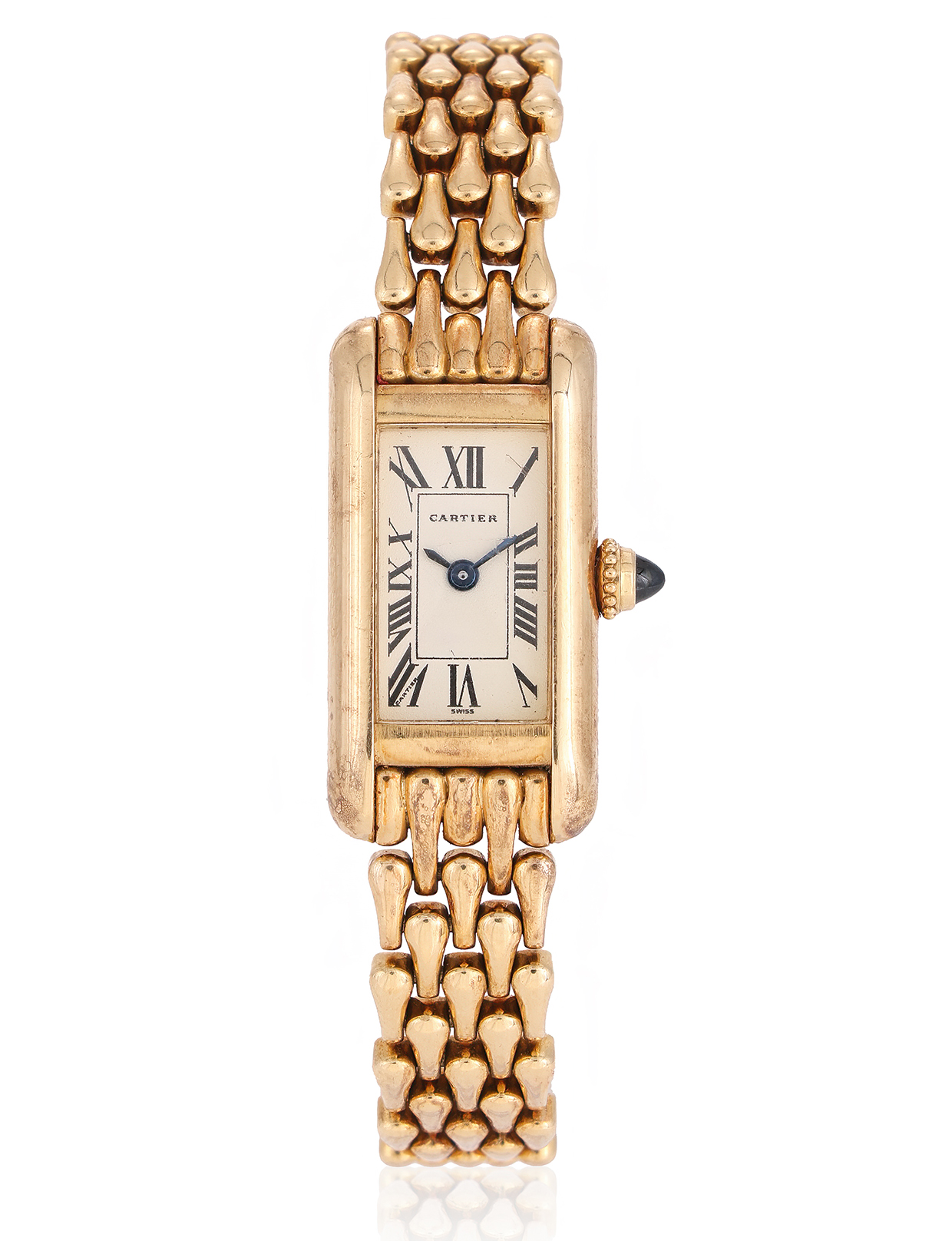 Inline Image - Cartier, Tank Mini Américaine, Ref. 1380, a lady's 18 carat gold bracelet watch, No. C90832, circa 1990 | Sold for 5,670 (June 2024)