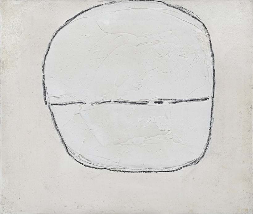 Inline Image - Lot 387: William Scott (British 1913-1989), White Circle 1963, Oil and charcoal on canvas | Sold for £21,590