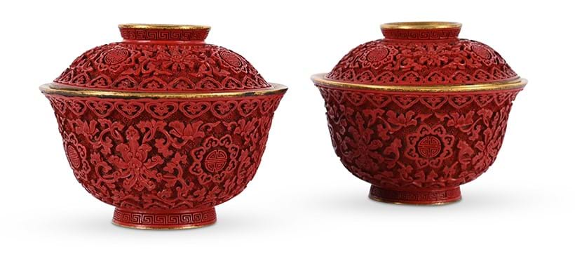 Inline Image - Lot 126: A pair of Chinese gilt bronze and cinnabar lacquer bowls and covers, Qing Dynasty, Qianlong Period (1736-1795) | Est. £3,000-5,000 (+ fees)