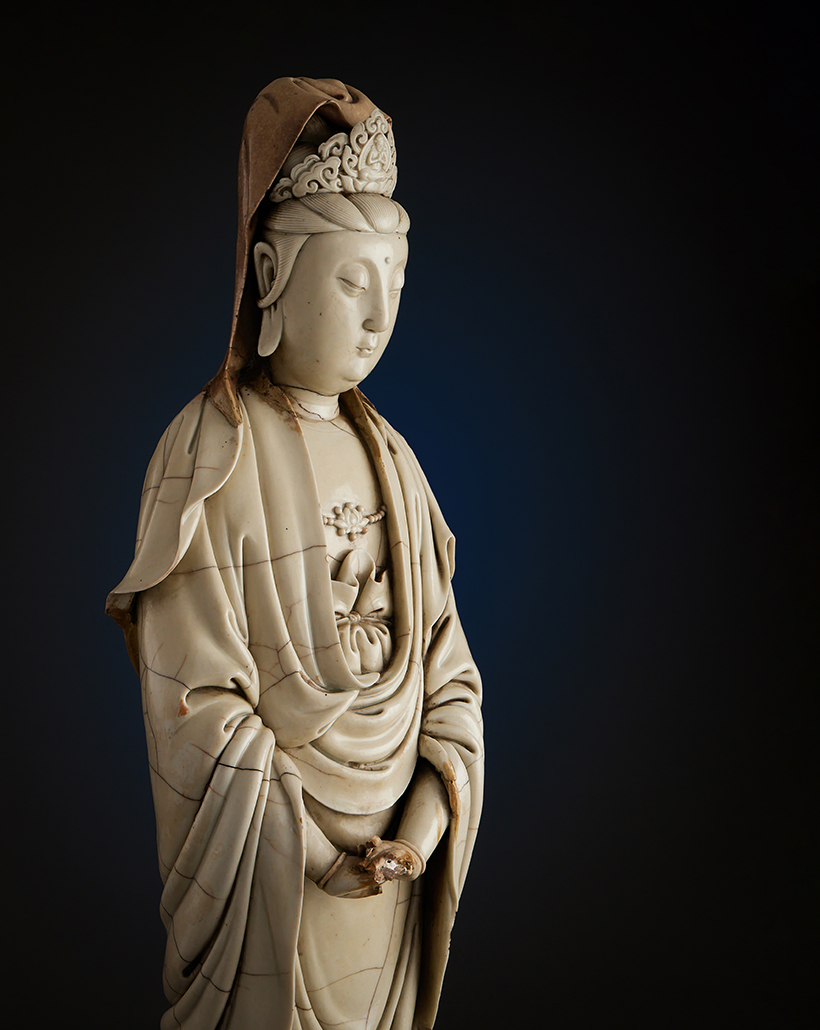 Inline Image - Lot 194: A large and rare Chinese dehua standing figure of guanyin, Ming Dynasty | Est. £6,000-8,000 (+ fees)