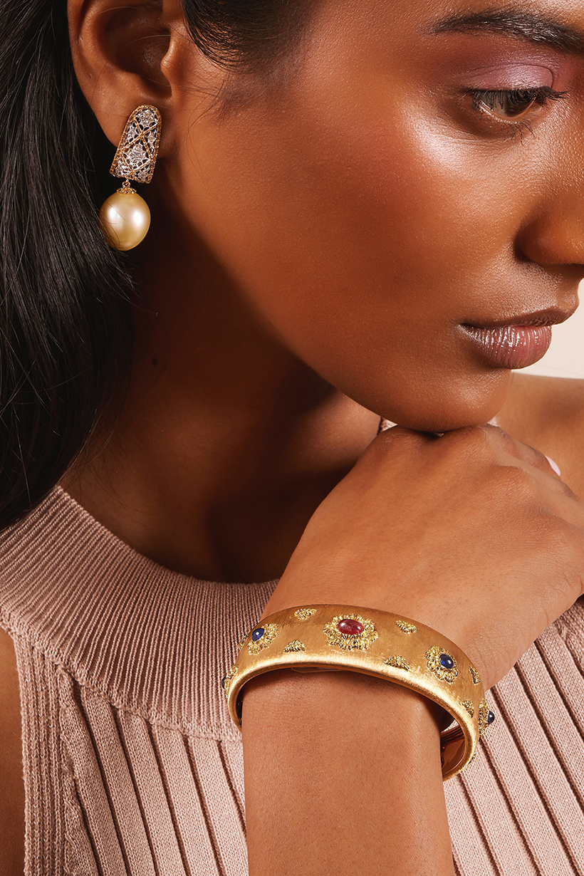 Inline Image - Buccellati, A Ruby and Sapphire Cuff | Sold for £17,640 & Federico Buccellati, a pair of cultured pearl and diamond earrings | Sold for £8,190