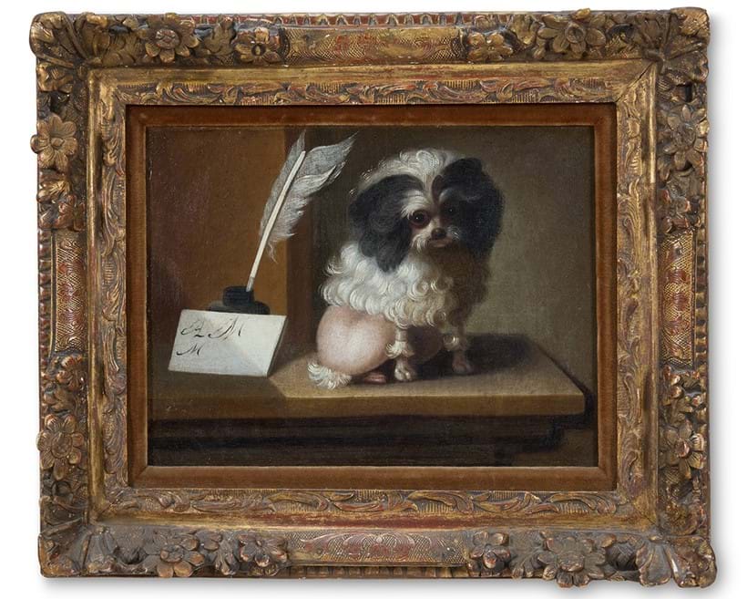 Inline Image - Lot 6: ‡ Jacques-Barthelemy Delamarre (French 19th Century), 'Portrait of a small Poodle, said to be Pompon, a beloved dog of Marie Antoinette', Oil on canvas | Est. £4,000-6,000 (+ fees)