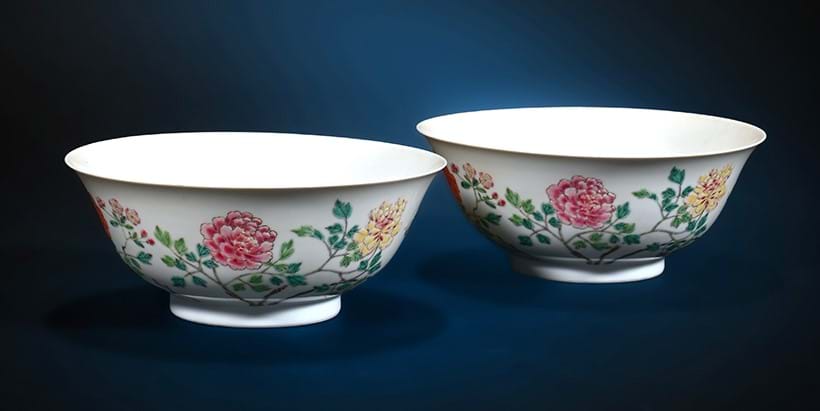 Inline Image - Lot 168: A rare pair of Chinese Famille Rose 'Peony' Bowls, Yongzheng six-character marks and of the Period | Sold for £63,200