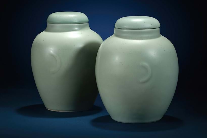 Inline Image - Lot 226: A rare pair of Chinese celadon-glazed jars and covers, Qianlong seal mark and of the period (1736-1795) | Sold for £35,480