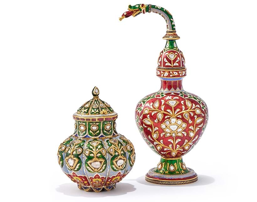 Inline Image - Lot 530: Two Indian gem-set and enamelled and applied gold coloured scent bottles, 20th century  | Sold for £22,860