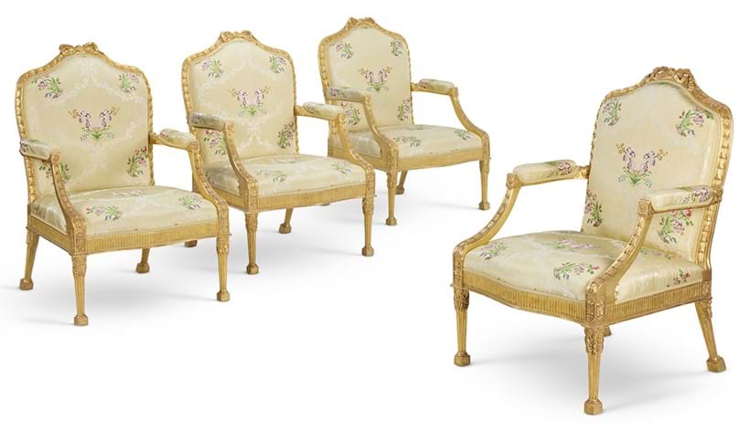 Inline Image - Lot 52: A set of four George III giltwood open armchairs, attributed to John Linnell, circa 1775 | Sold for £88,400