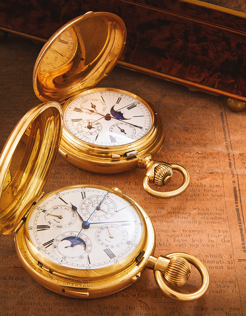 Inline Image - Lot 378: Swiss an 18 carat gold keyless wind quarter repeating calendar full hunter pocket watch with chronograph and moonphase, no. 200006, geneva 1893 -1934 mark, circa 1900 | Sold for £32,960 & Lot 379: Henry Capt, Geneve a gold keyless wind minute repeating, perpetual calendar and chronograph full hunter pocket watch, no. 34915, circa 1883 | Sold for £19,050

Provenance: The Astor Family Collection at Cliveden, Thence by Descent