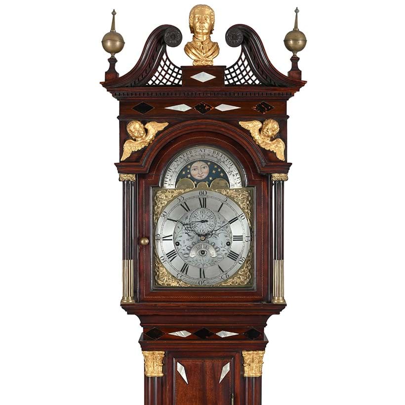 Inline Image - A fine tortoiseshell and mother-of-pearl inlaid 'red walnut' musical longcase clock with moonphase, Christopher Hawksworth, Bristol area, circa 1780 | Sold for £3,048