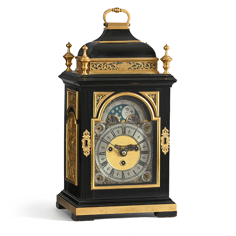 A fine George I gilt brass mounted ebony small quarter-chiming table/bracket clock with moonphase, John Purden, London, circa 1725