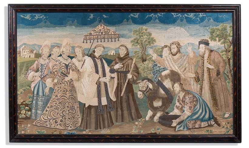 Inline Image - Lot 64: A rare and large Portuguese silk needlework picture of St Anthony of Padua and the Mule, 18th century | Sold for £11,684