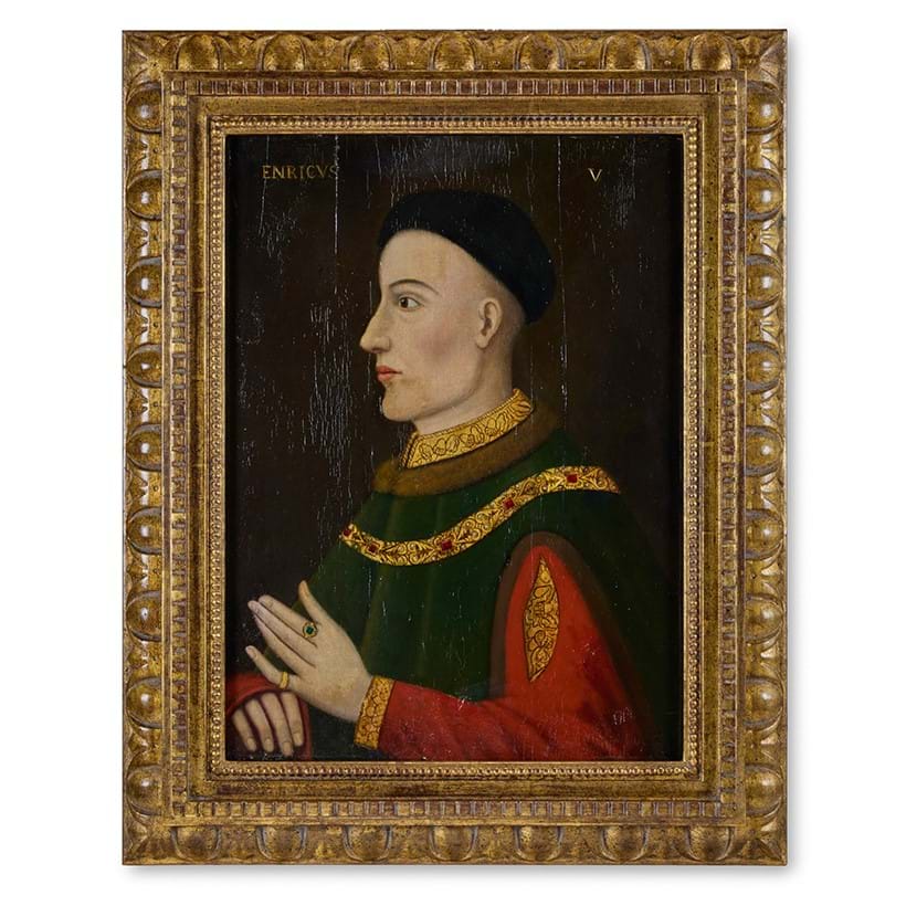 Inline Image - Lot 6: English School (Late 16th/Early 17th Century), Portrait of Henry V, Half Length, wearing a Green Fur-Edged Cloak Over a Red Tunic and a Gold Collar Decorated with Rubies and Pearls, Oil on panel | Sold for £10,795