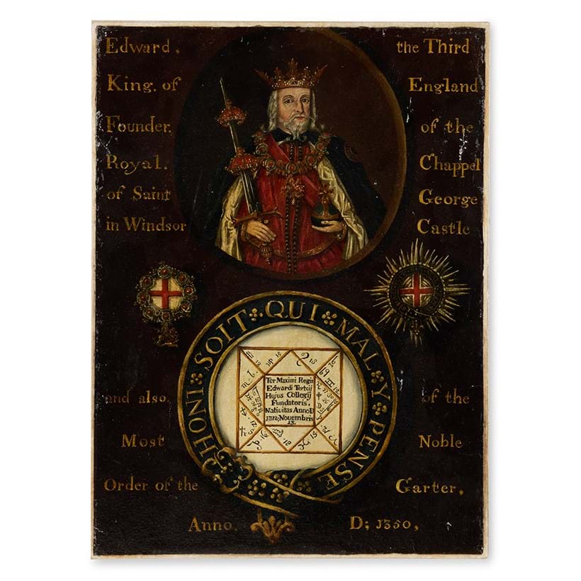 Inline Image - Lot 18: English School (late 16th/early 17th century) Portrait of Edward III with Motto and Insignia of The Order of The Garter, oil on paper laid on canvas | Sold for £12,700