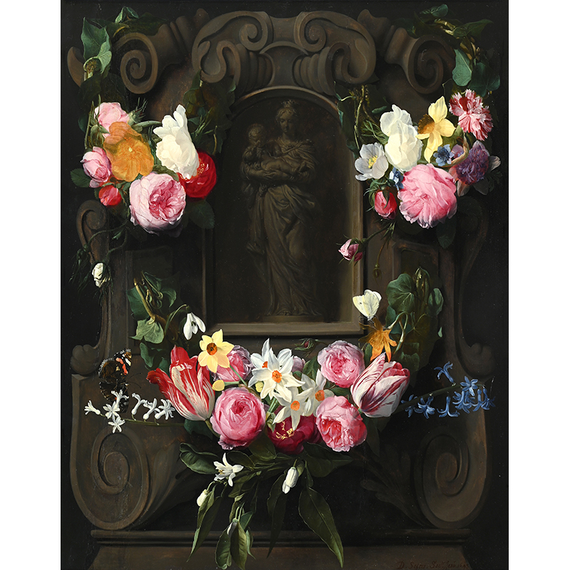 Daniel Seghers (1590-1661), Swags of Flowers Surrounding a Cartouche with The Virgin And Child, oil on panel