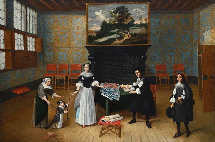 Inline Image - Lot 40: Attributed to Gillis Van Tilborgh (Flemish 1615-Circa 1678), ‘An Interior with A Cloth Merchant, His Wife Child and Nanny and Her Son to the Right’, oil on canvas | Est. £8,000-12,000 (+ fees)