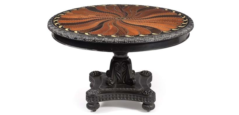 Inline Image - Lot 178: A Ceylonese ebony and specimen wood inlaid circular centre table, second quarter 19th century, probably Ceylonese | Est. £5,000-10,000 (+fees)