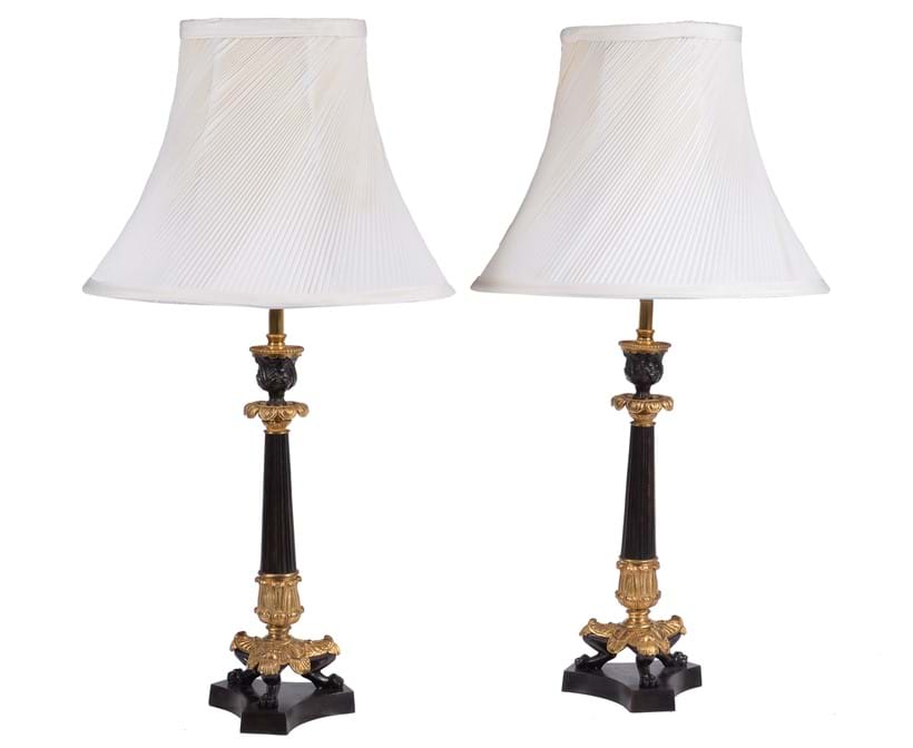Inline Image - Lot 259: A pair of French gilt and lacquered metal candlesticks in Louis Philippe taste refitted as table lamps, Est. £600-800 (+fees) | Interiors: Day Two