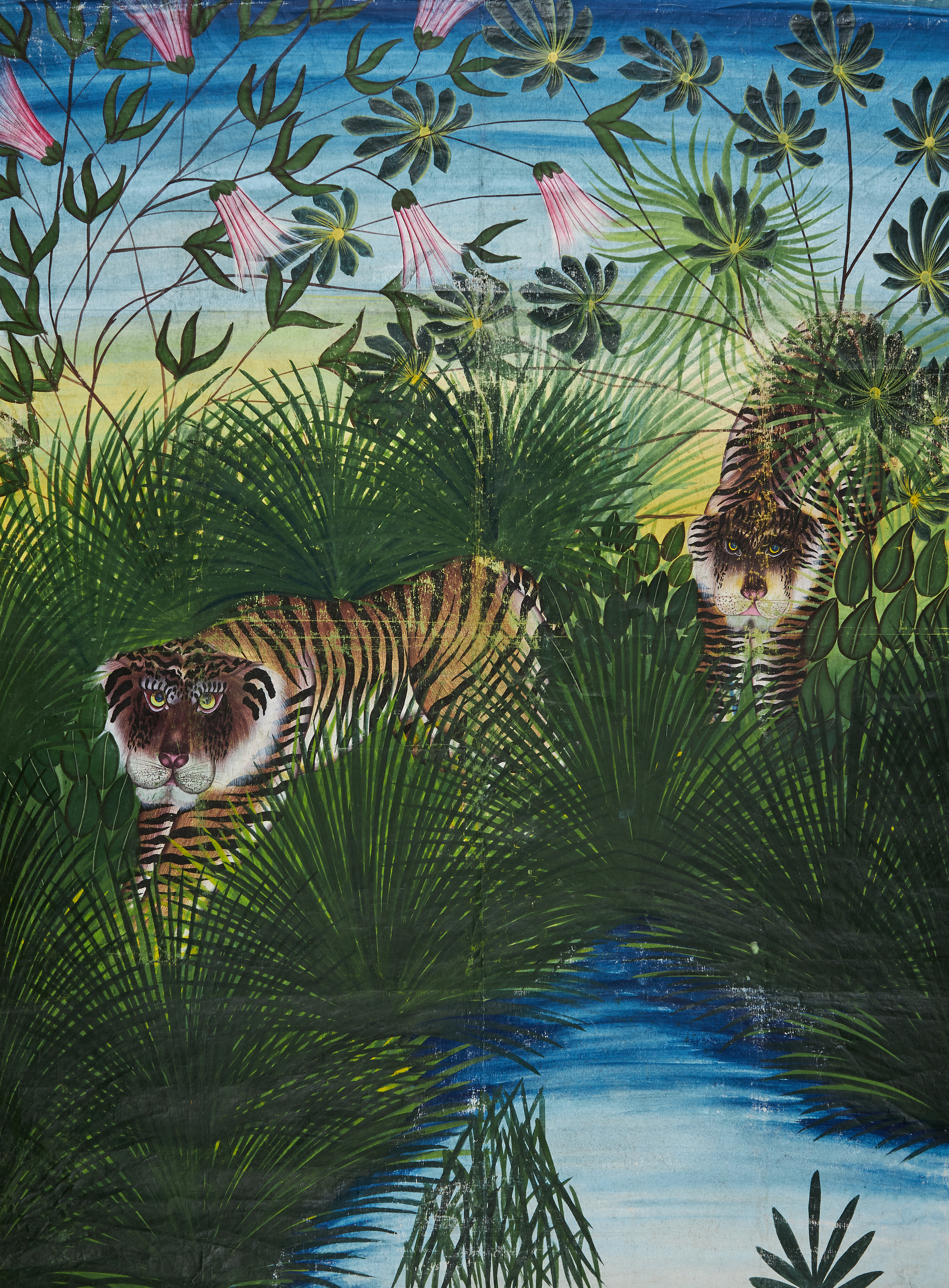 Inline Image - Lot 107: Jungle scene with Two Tigers, large Pichwai-style painting on linen for use as wall hanging [India (possibly Kota), c. 1920] | Est. £600-800 (+fees)