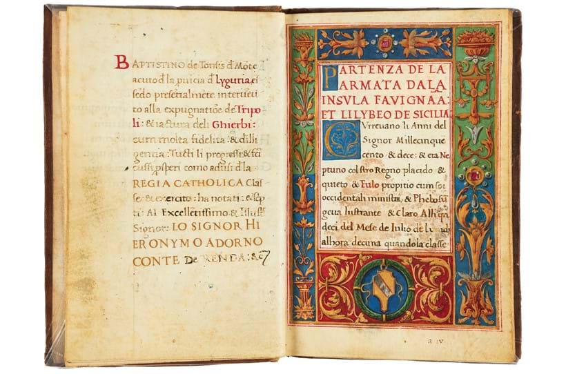 Inline Image - Lot 64: Ɵ Battistino de Tonsis, Historia della presa di Tripoli, in Italian, with Latin and Italian verses addressed to the author and the dedicatee Gerolamo Adorno, illuminated manuscript on parchment [Italy (Naples), dated 20 October 1510] | Est. £40,000-60,000 (+fees)