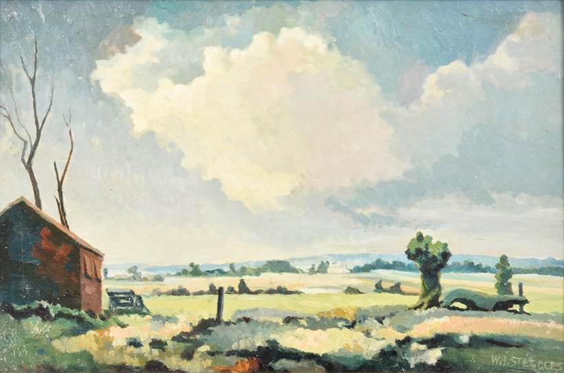 Inline Image - Lot 71: λ Walter Steggles (British 1908-1997), 'Essex Landscape', Oil on board | Est. £2,000-3,000 (+ fees)