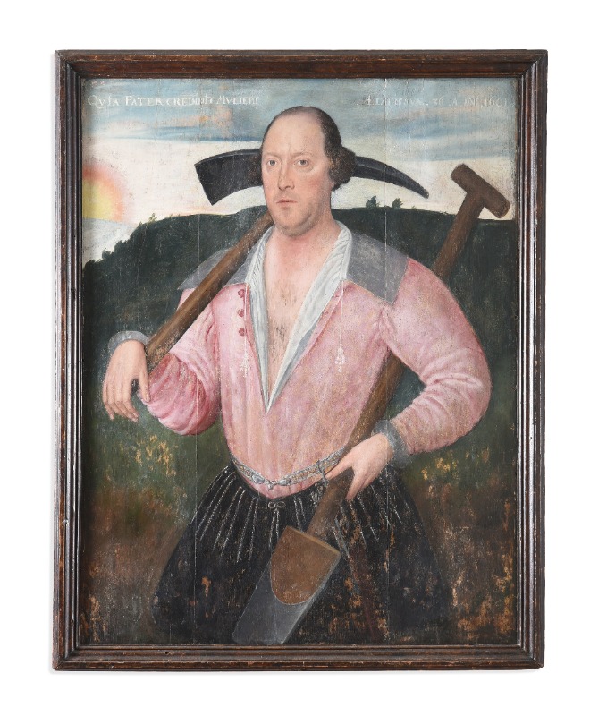 English School (Early 17th Century), Portrait Of A Man With A Pickaxe And A Spade In A Landscape